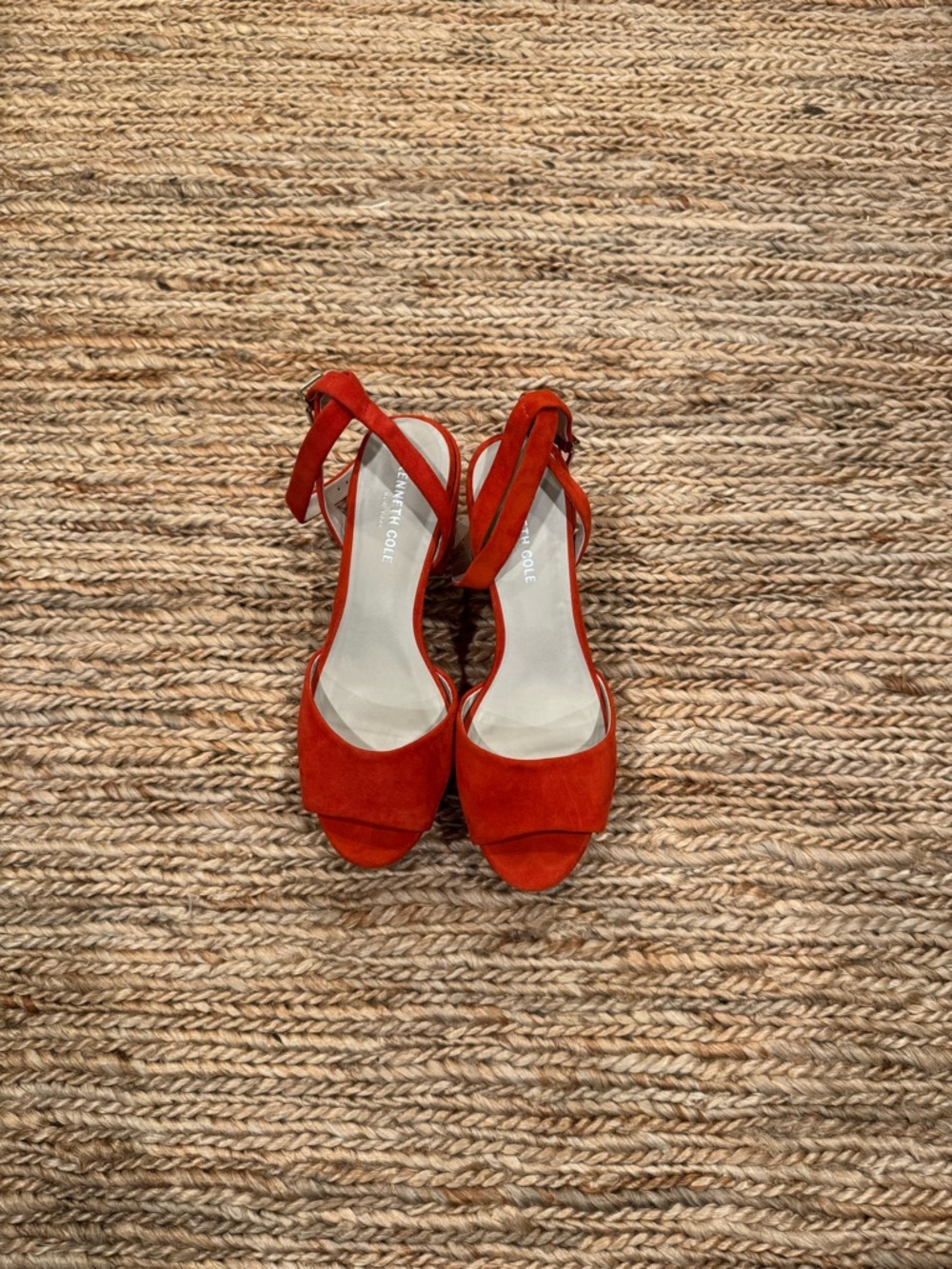 Kenneth Cole Red-Orange Suede Open-Toe Ankle Strap block Heels